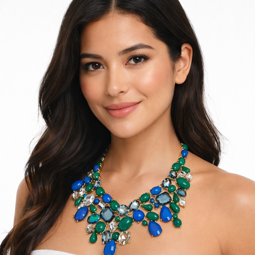 Leslie Danzis Blue Green Bib‎ Necklace Gold Tone Resin Stones Adjustable 103-69